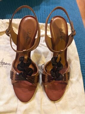 Cole Haan Tan and Brown Braided T-Strap Darianna High Heel Sandal Vintage 8 NWOB